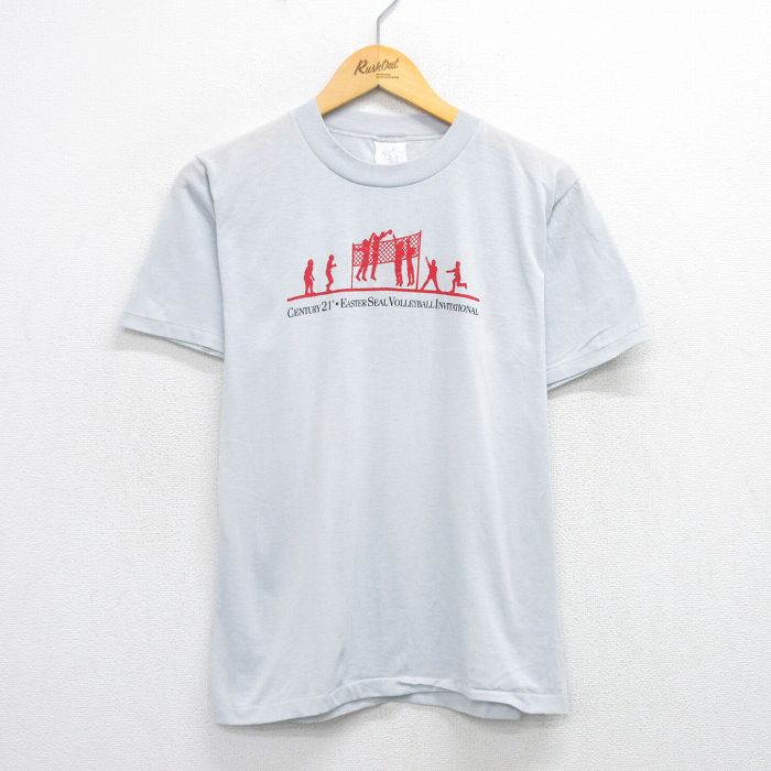 【20%OFF】M★古着 半袖 ビンテージ Tシャツ メンズ 80年代 80s バレーボール クルーネック 薄グレー系 25jul26 中古