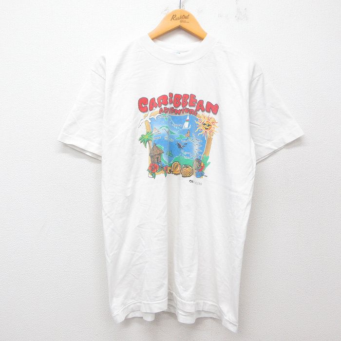 L★古着 半袖 ビンテージ Tシャツ メンズ 90年代 90s カリビアン 地図 コットン クルーネック 白 ホワイト 25jul26 中古