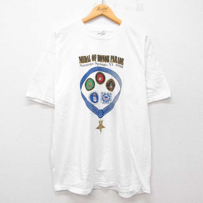 XL★古着 半袖 ビンテージ Tシャツ メンズ 90年代 90s メダル 大きいサイズ コットン クルーネック 白 ホワイト 25jul26 中古