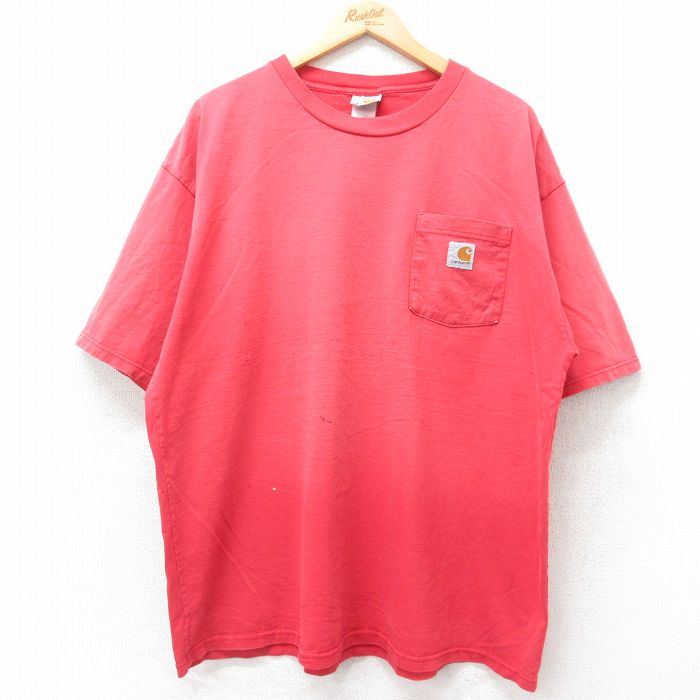 XL★古着 カーハート Carhartt 半袖 ビンテージ Tシャツ メンズ 90年代 90s ワンポイントロゴ 胸ポケット付き 大きいサイズ クルーネック USA製 赤 レッド 25jul26 中古