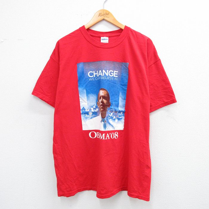 XL★古着 半袖 ビンテージ Tシャツ メンズ 00年代 00s バラクオバマ 大きいサイズ コットン クルーネック 赤 レッド 【spe】 25jul26 中古