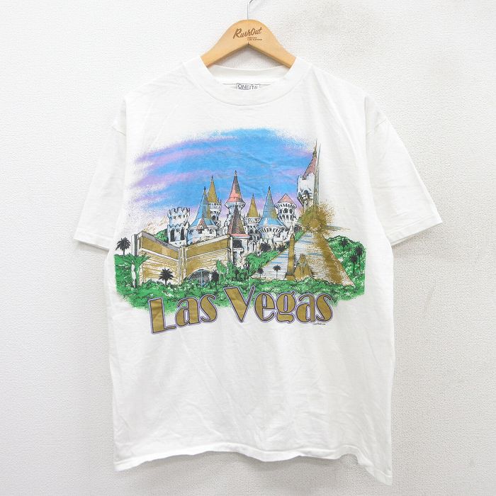 【50%OFF】L★古着 オニータ ONEITA 半袖 ビンテージ Tシャツ メンズ 90年代 90s ラスベガス コットン クルーネック 白 ホワイト 25jul26 中古