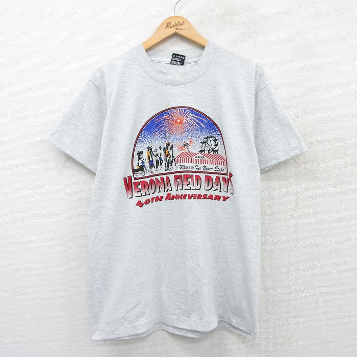【20%OFF】L★古着 フルーツオブザルーム 半袖 ビンテージ Tシャツ メンズ 90年代 90s VERONA FIELD DAYS クルーネック USA製 薄グレー 霜降り 25jul26 中古