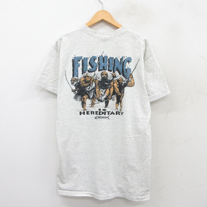 XL★古着 半袖 ビンテージ Tシャツ メンズ 90年代 90s FISHING 胸ポケット付き コットン クルーネック 薄グレー 霜降り 25jul26 中古