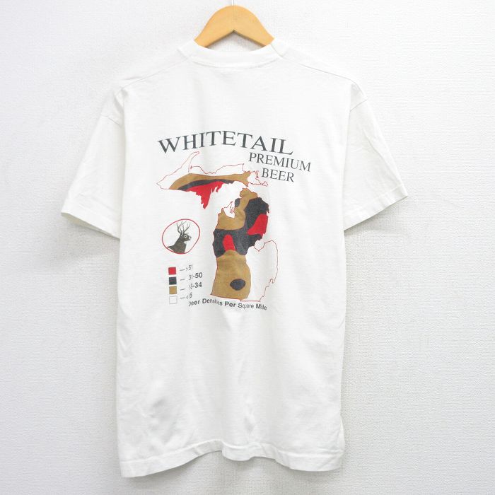 【50%OFF】L★古着 フルーツオブザルーム 半袖 ビンテージ Tシャツ メンズ 90年代 90s WHITE TAIL ビール コットン クルーネック USA製 白 ホワイト 25jul28 中古