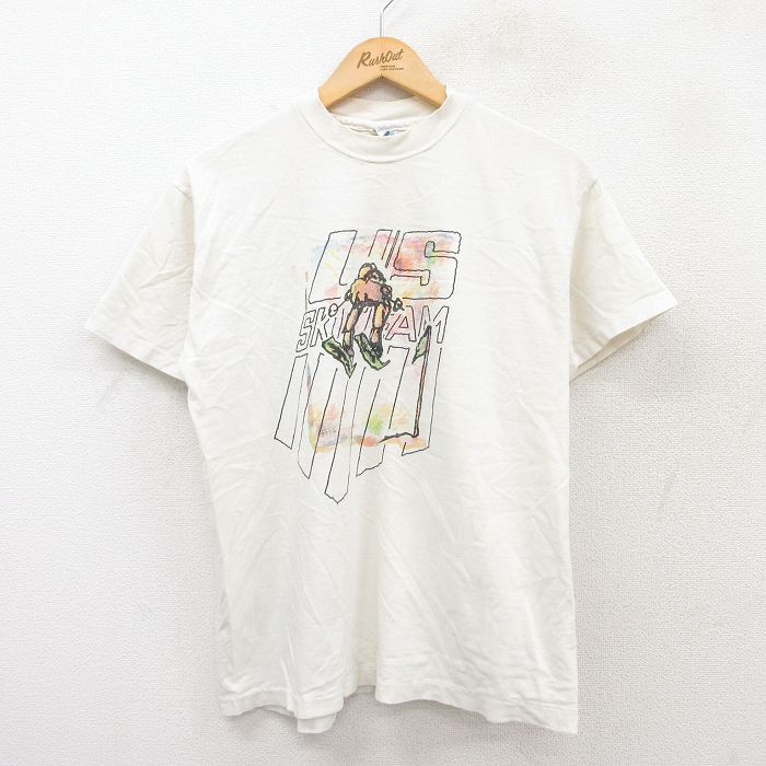 M★古着 ヘインズ Hanes 半袖 ビンテージ Tシャツ メンズ 90年代 90s USスキーチーム コットン クルーネック USA製 白 ホワイト 25jul28 中古