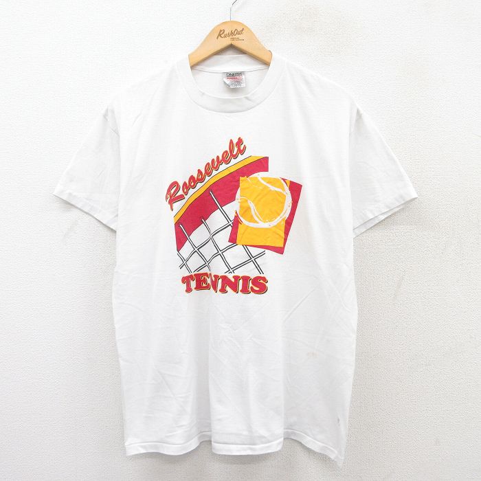 【50%OFF】L★古着 オニータ ONEITA 半袖 ビンテージ Tシャツ メンズ 90年代 90s ルーズベルト テニス クルーネック 白 ホワイト 25jul28 中古