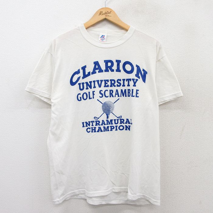 L★古着 ラッセル 半袖 ビンテージ Tシャツ メンズ 00年代 00s CLARION ゴルフ クルーネック 白 ホワイト 25jul28 中古