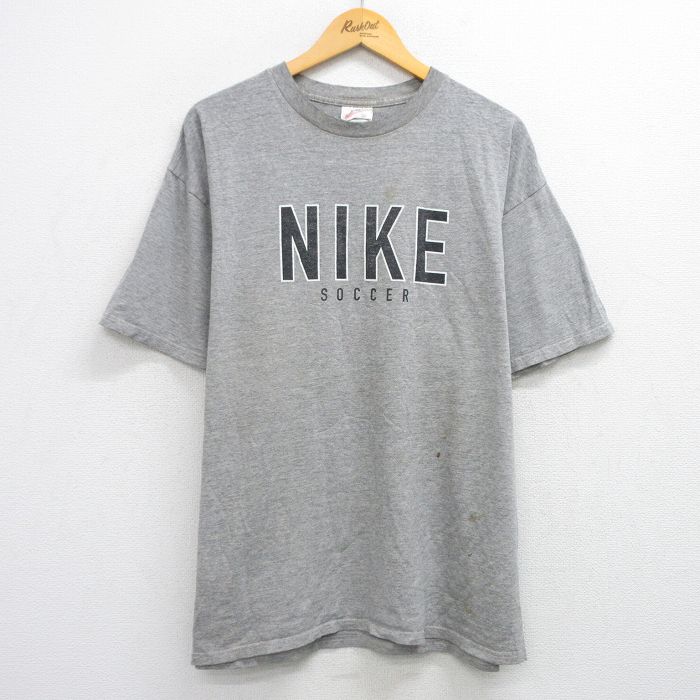 XL★古着 ナイキ NIKE 半袖 ビンテージ Tシャツ メンズ 00年代 00s ビッグロゴ サッカー 大きいサイズ クルーネック グレー 霜降り 25jul28 中古