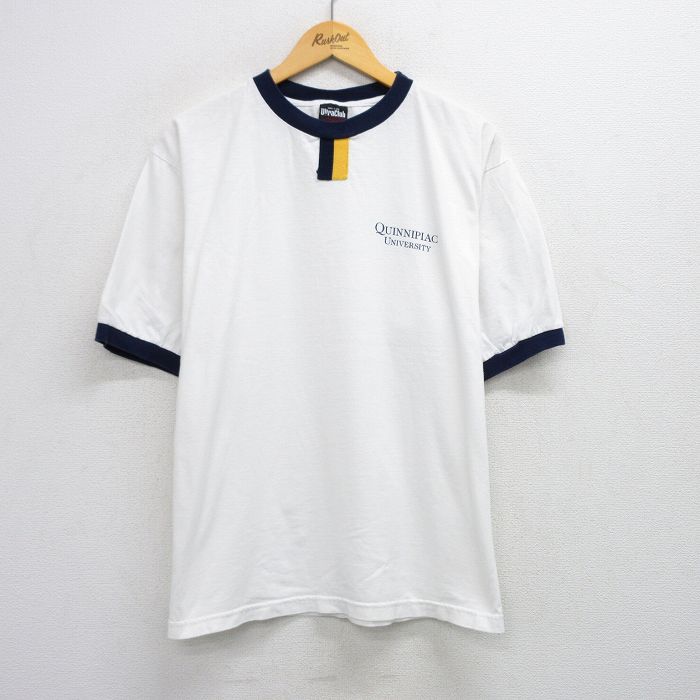 XL★古着 半袖 ビンテージ Tシャツ メンズ 90年代 90s QUINNIPIAC チョコチン 大きいサイズ コットン クルーネック USA製 白他 ホワイト リンガー 25jul28 中古