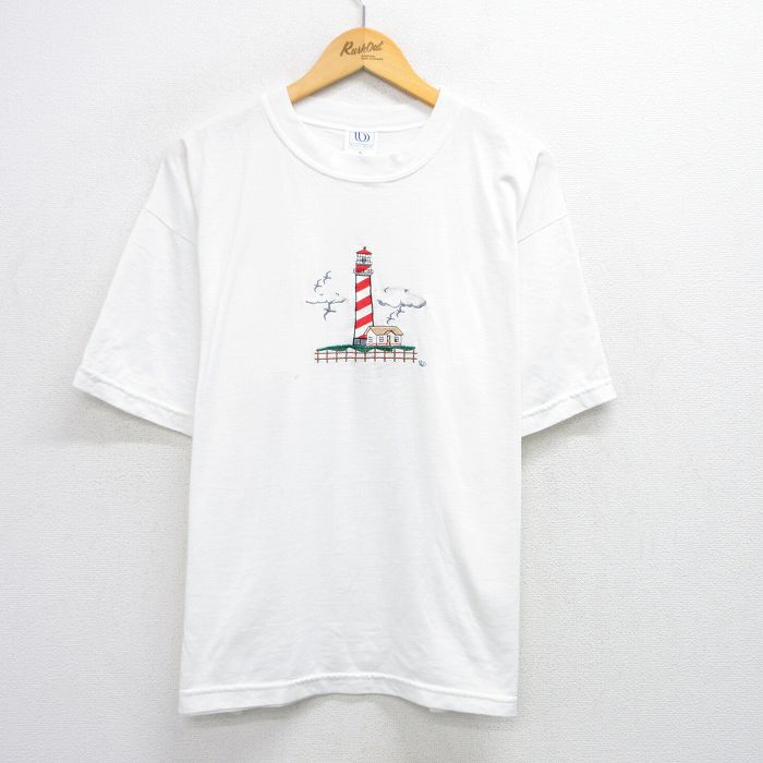 XL★古着 半袖 ビンテージ Tシャツ メンズ 90年代 90s 灯台 刺繍 大きいサイズ クルーネック USA製 白 ホワイト 25jul28 中古