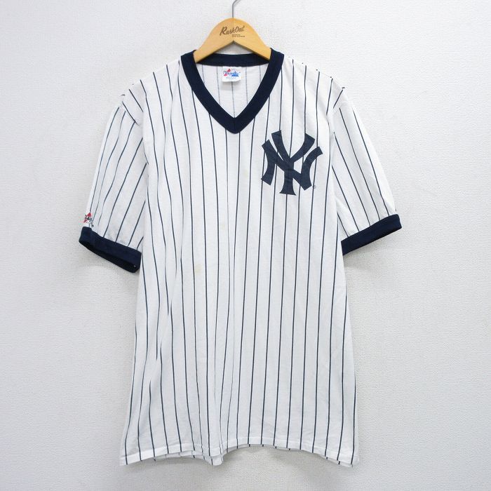 XL★古着 マジェスティック 半袖 ビンテージ Tシャツ メンズ 90年代 90s MLB ニューヨークヤンキース 大きいサイズ Vネック USA製 白他 ホワイト ストライプ メジャーリーグ ベースボール 野球 25jul28 中古