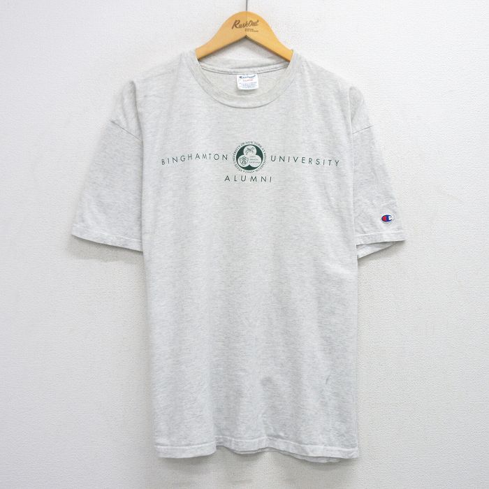 XL★古着 チャンピオン champion 半袖 ビンテージ Tシャツ メンズ 90年代 90s BINGHAMTON 大きいサイズ クルーネック 薄グレー 霜降り 25jul28 中古