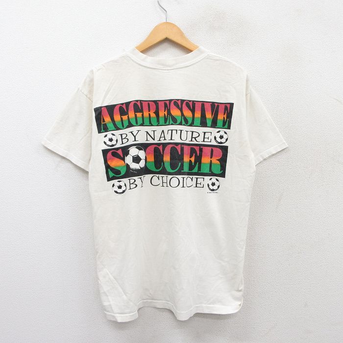 【50%OFF】XL★古着 半袖 ビンテージ Tシャツ メンズ 90年代 90s サッカー クルーネック 白 ホワイト 25jul28 中古