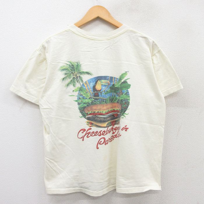 XL★古着 半袖 ビンテージ Tシャツ メンズ 80年代 80s チーズバーガー コットン クルーネック USA製 薄黄 イエロー 25jul28 中古