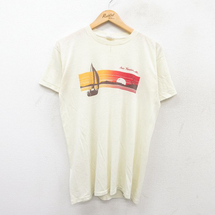【20%OFF】L★古着 半袖 ビンテージ Tシャツ メンズ 80年代 80s ヨット クルーネック 薄黄 イエロー 25jul28 中古