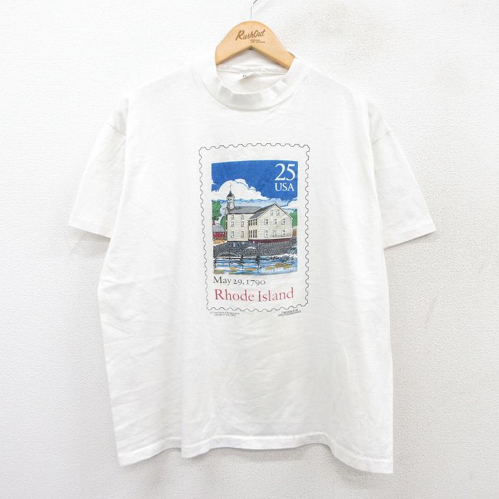 XL★古着 半袖 ビンテージ Tシャツ メンズ 80年代 80s Rhode Island 切手 クルーネック USA製 白 ホワイト 25jul28 中古