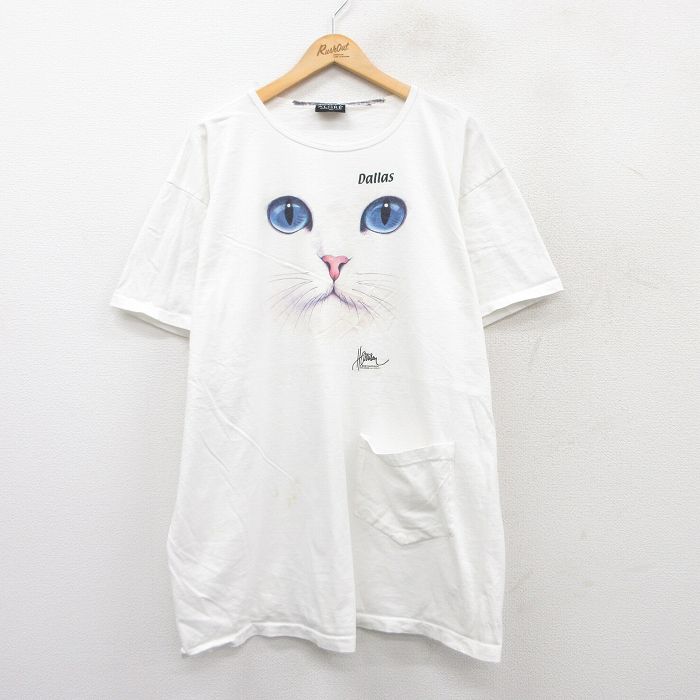 XL★古着 半袖 ビンテージ Tシャツ メンズ 90年代 90s ネコ 大きいサイズ ロング丈 コットン クルーネック USA製 白 ホワイト 【spe】 25jul28 中古
