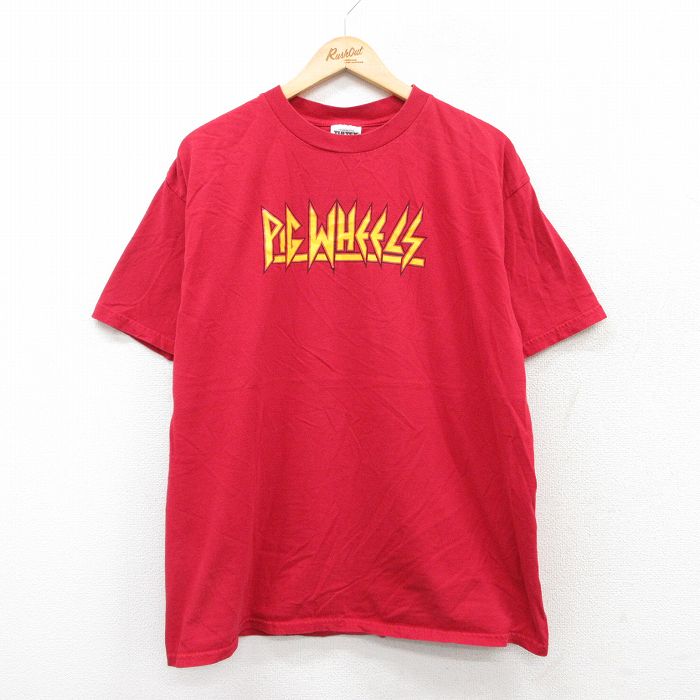 XL★古着 TULTEX 半袖 ビンテージ Tシャツ メンズ 90年代 90s PIG WHEELS コットン クルーネック 赤 レッド 25jul28 中古