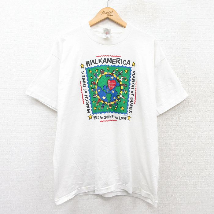 XL★古着 フルーツオブザルーム 半袖 ビンテージ Tシャツ メンズ 90年代 90s WALK 地球 大きいサイズ クルーネック USA製 白 ホワイト 25jul28 中古