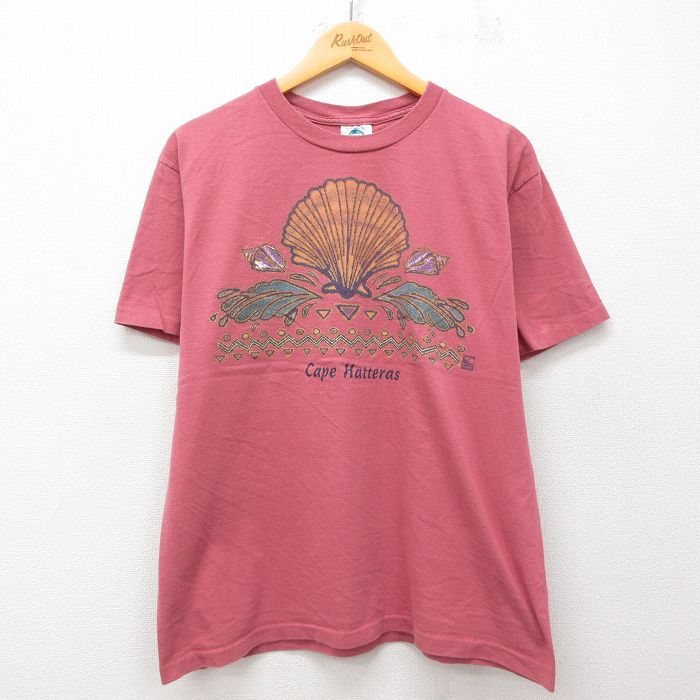 L★古着 半袖 ビンテージ Tシャツ メンズ 90年代 90s 貝殻 コットン クルーネック USA製 ピンク系 25jul29 中古