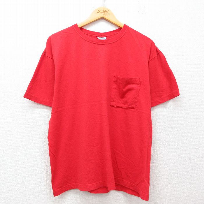 【20%OFF】L★古着 半袖 ビンテージ Tシャツ メンズ 90年代 90s 無地 胸ポケット付き コットン クルーネック USA製 赤 レッド 25jul29 中古