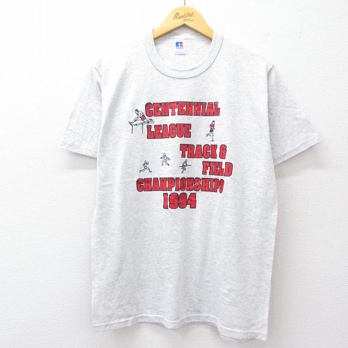 L★古着 ラッセル 半袖 ビンテージ Tシャツ メンズ 90年代 90s 陸上 チャンピオンシップ クルーネック USA製 薄グレー 霜降り 【spe】 25jul29 中古