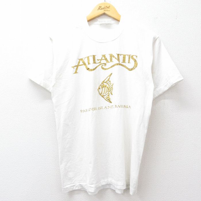 M★古着 半袖 ビンテージ Tシャツ メンズ 80年代 80s アトランティス 魚 ラメ クルーネック USA製 白 ホワイト 25jul29 中古