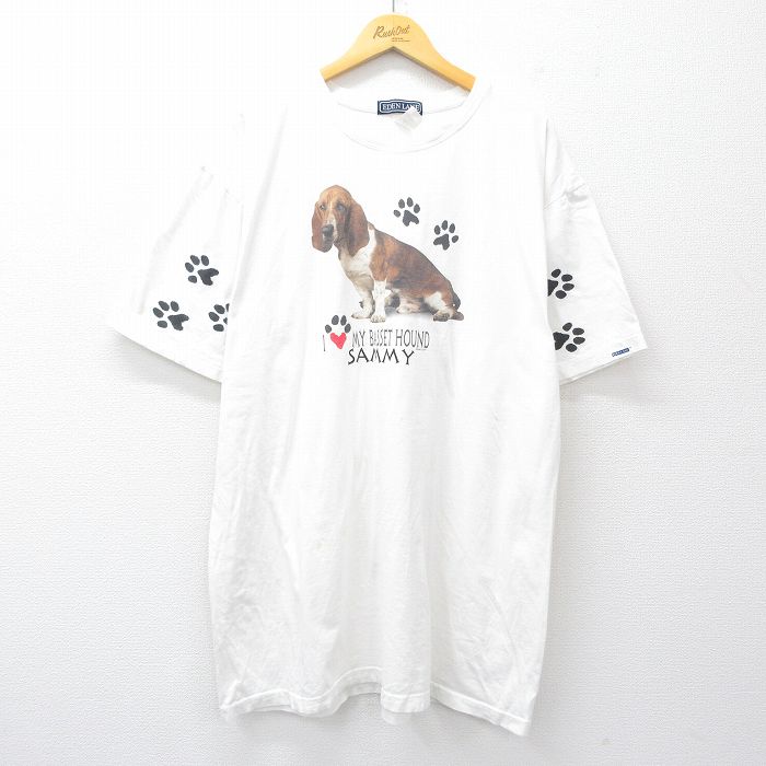 【20%OFF】XL★古着 半袖 ビンテージ Tシャツ メンズ 90年代 90s 犬 肉球 大きいサイズ ロング丈 コットン クルーネック USA製 白 ホワイト 【spe】 25jul29 中古
