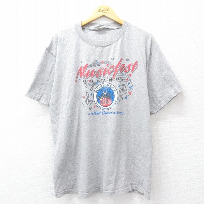 XL★古着 半袖 ビンテージ Tシャツ メンズ 90年代 90s ディズニー DISNEY ミュージックフェス オーランド クルーネック グレー 霜降り 25jul29 中古