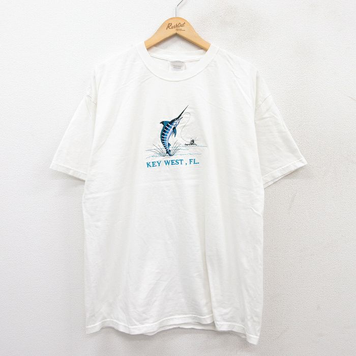 XL★古着 ヘインズ Hanes 半袖 ビンテージ Tシャツ メンズ 00年代 00s 魚 キーウエスト 刺繍 コットン クルーネック 白 ホワイト 25jul29 中古