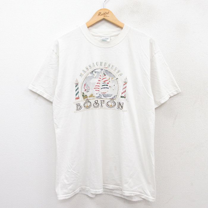 【50%OFF】L★古着 半袖 ビンテージ Tシャツ メンズ 00年代 00s ヨット ボストン コットン クルーネック 白 ホワイト 25jul29 中古