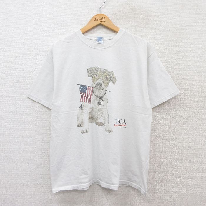 L★古着 半袖 ビンテージ Tシャツ メンズ 00年代 01s 犬 星条旗 コットン クルーネック 白 ホワイト 25jul29 中古