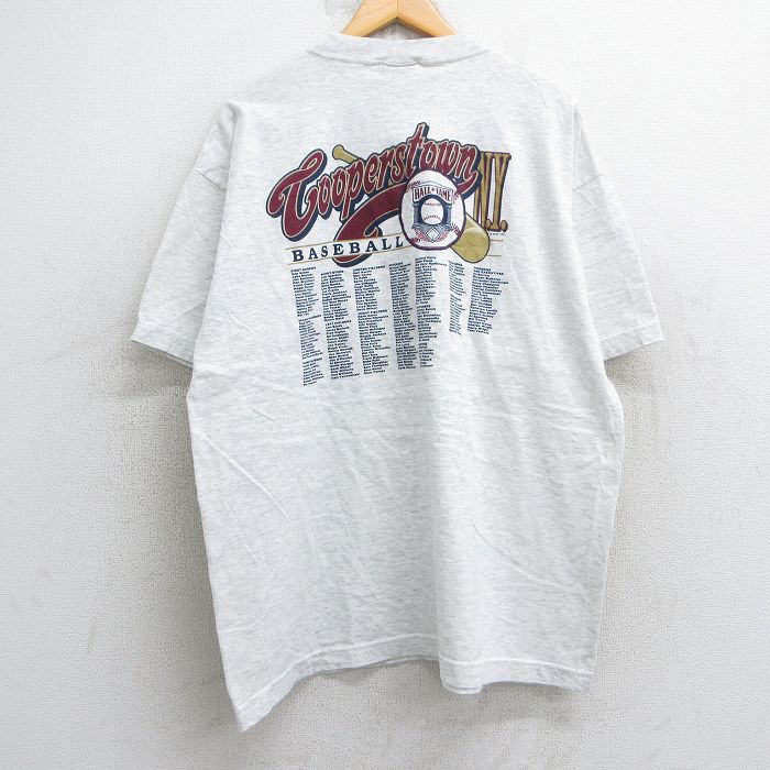 XL★古着 半袖 ビンテージ Tシャツ メンズ 90年代 90s ベースボール クーパーズタウン 大きいサイズ コットン クルーネック USA製 薄グレー 霜降り 25jul29 中古
