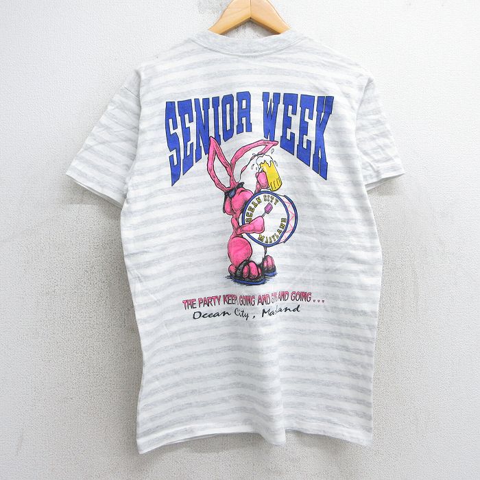 L★古着 半袖 ビンテージ Tシャツ メンズ 90年代 90s ウサギ シニアウィーク クルーネック USA製 白他 ホワイト ボーダー 【spe】 25jul29 中古
