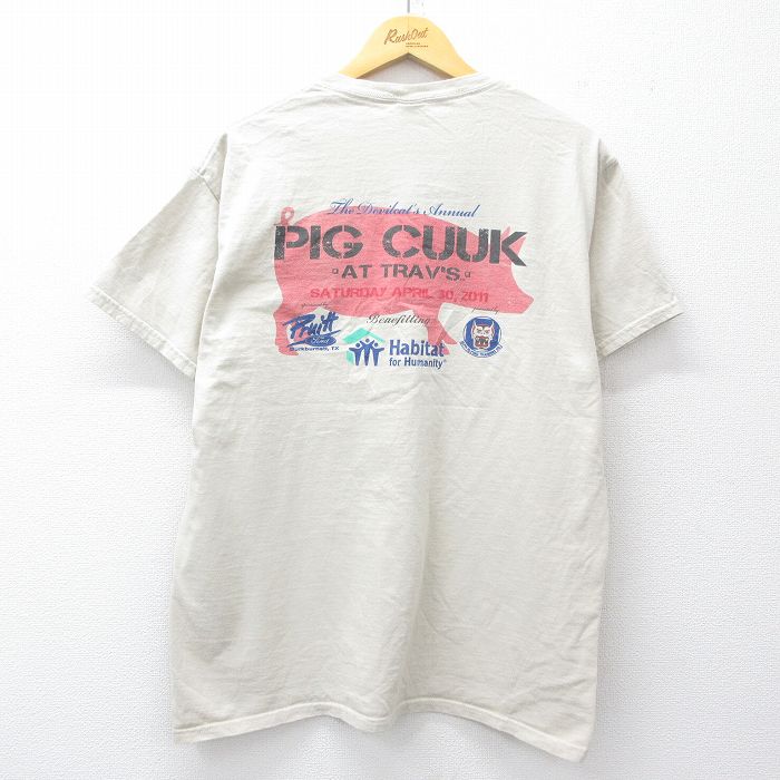 L★古着 半袖 ビンテージ Tシャツ メンズ 00年代 00s ブタ 企業広告 コットン クルーネック 薄ベージュ カーキ 25jul30 中古