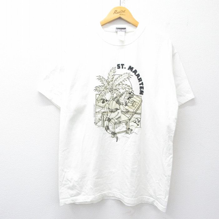 L★古着 半袖 ビンテージ Tシャツ メンズ 90年代 90s イグアナ ヤシの木 コットン クルーネック 白 ホワイト 25jul30 中古