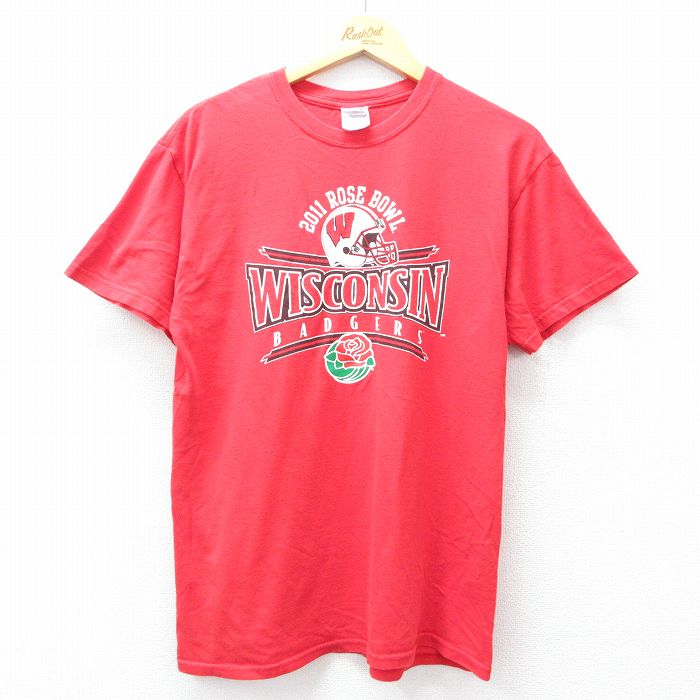 M★古着 半袖 ビンテージ Tシャツ メンズ ウィスコンシンバッジャーズ フットボール コットン クルーネック 赤 レッド 25jul30 中古