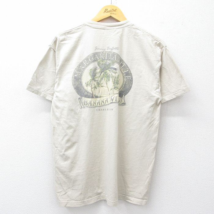 M★古着 半袖 ビンテージ Tシャツ メンズ 00年代 00s ヤシの木 マルガリータヴィル コットン クルーネック ベージュ カーキ 25jul30 中古