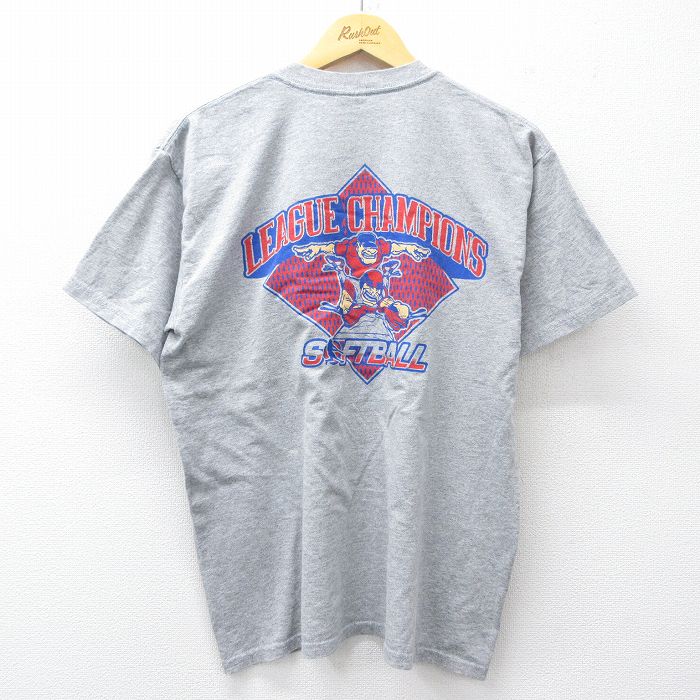 L★古着 半袖 ビンテージ Tシャツ メンズ 00年代 00s ソフトボール クルーネック グレー 霜降り 25jul30 中古