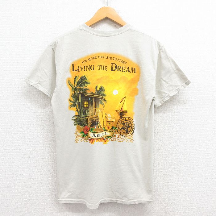 M★古着 半袖 ビンテージ Tシャツ メンズ 00年代 00s ARUBA コットン クルーネック 薄ベージュ カーキ 25jul31 中古