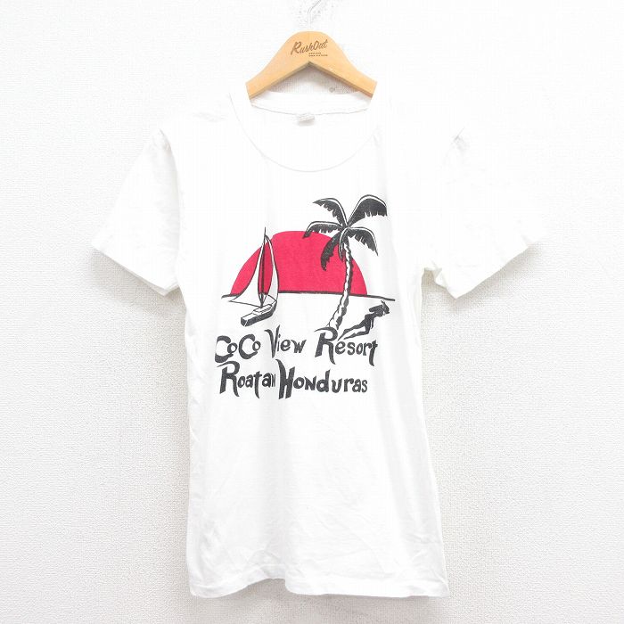 S★古着 ジョッキー 半袖 ビンテージ Tシャツ メンズ 80年代 80s ヤシの木 染込 クルーネック 白 ホワイト 25jul31 中古