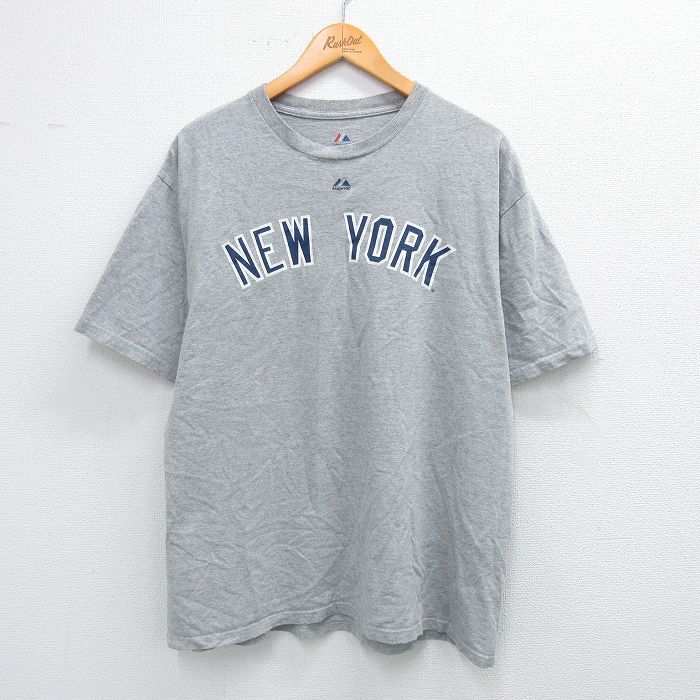 XL★古着 マジェスティック 半袖 Tシャツ メンズ MLB ニューヨークヤンキース ニックスウィッシャー 33 クルーネック グレー 霜降り メジャーリーグ ベースボール 野球 25jul31 中古