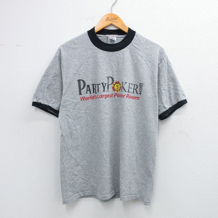 M★古着 半袖 ビンテージ Tシャツ メンズ 00年代 00s パーティーポーカー クルーネック グレー 霜降り リンガー 25jul31 中古