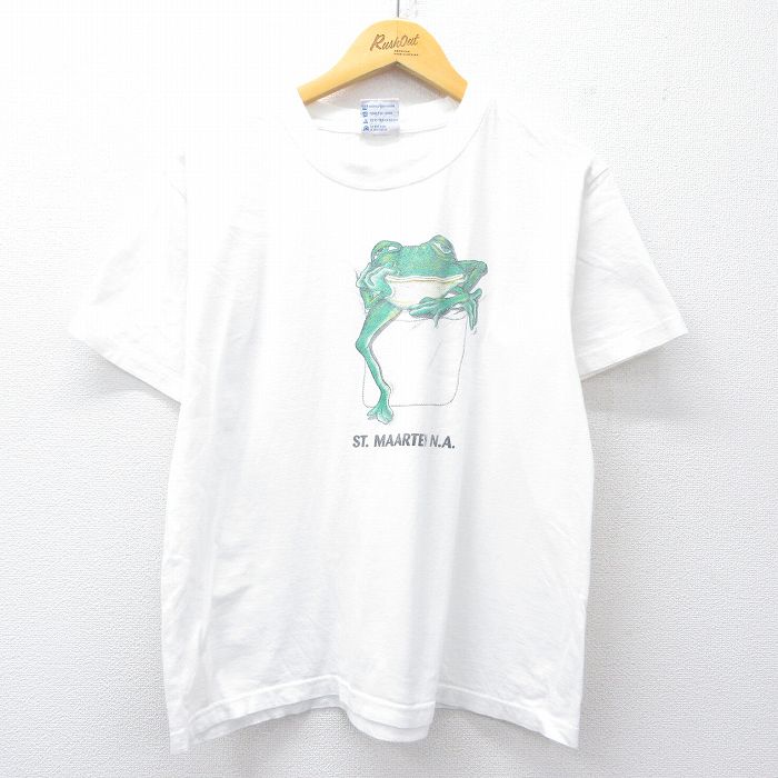 L★古着 半袖 ビンテージ Tシャツ メンズ 90年代 90s カエル コットン クルーネック 白 ホワイト 【spe】 25jul31 中古