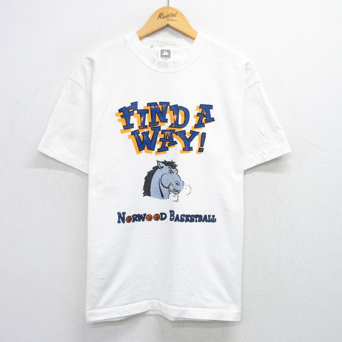 【20%OFF】XL★古着 半袖 ビンテージ Tシャツ メンズ 90年代 90s 馬 バスケットボール コットン クルーネック USA製 白 ホワイト 25jul31 中古