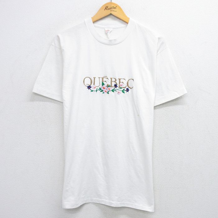 L★古着 半袖 ビンテージ Tシャツ メンズ 80年代 80s ケベック 花 刺繍 クルーネック カナダ製 白 ホワイト 25jul31 中古