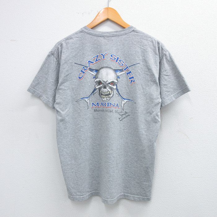 【50%OFF】L★古着 半袖 ビンテージ Tシャツ メンズ 00年代 00s スカル 魚 胸ポケット付き クルーネック グレー 霜降り 25jul31 中古