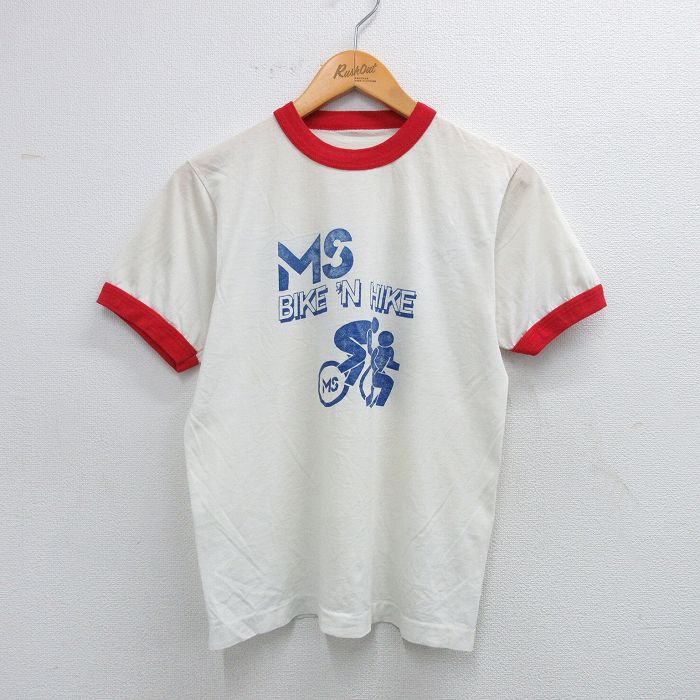 S★古着 半袖 ビンテージ Tシャツ メンズ 80年代 80s Ms 自転車 クルーネック 白 ホワイト リンガー 25jul31 中古