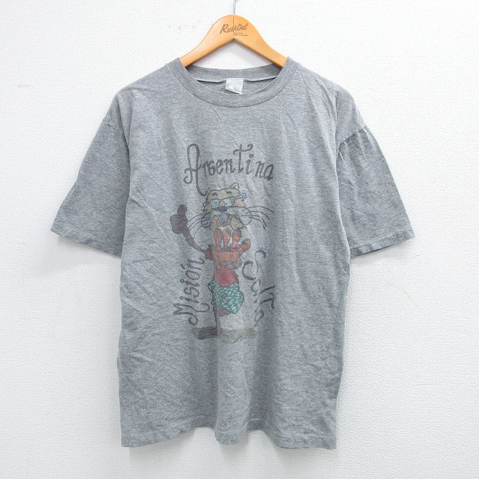 L★古着 半袖 ビンテージ Tシャツ メンズ 90年代 90s タイガー アルゼンチン クルーネック グレー 霜降り 25jul31 中古